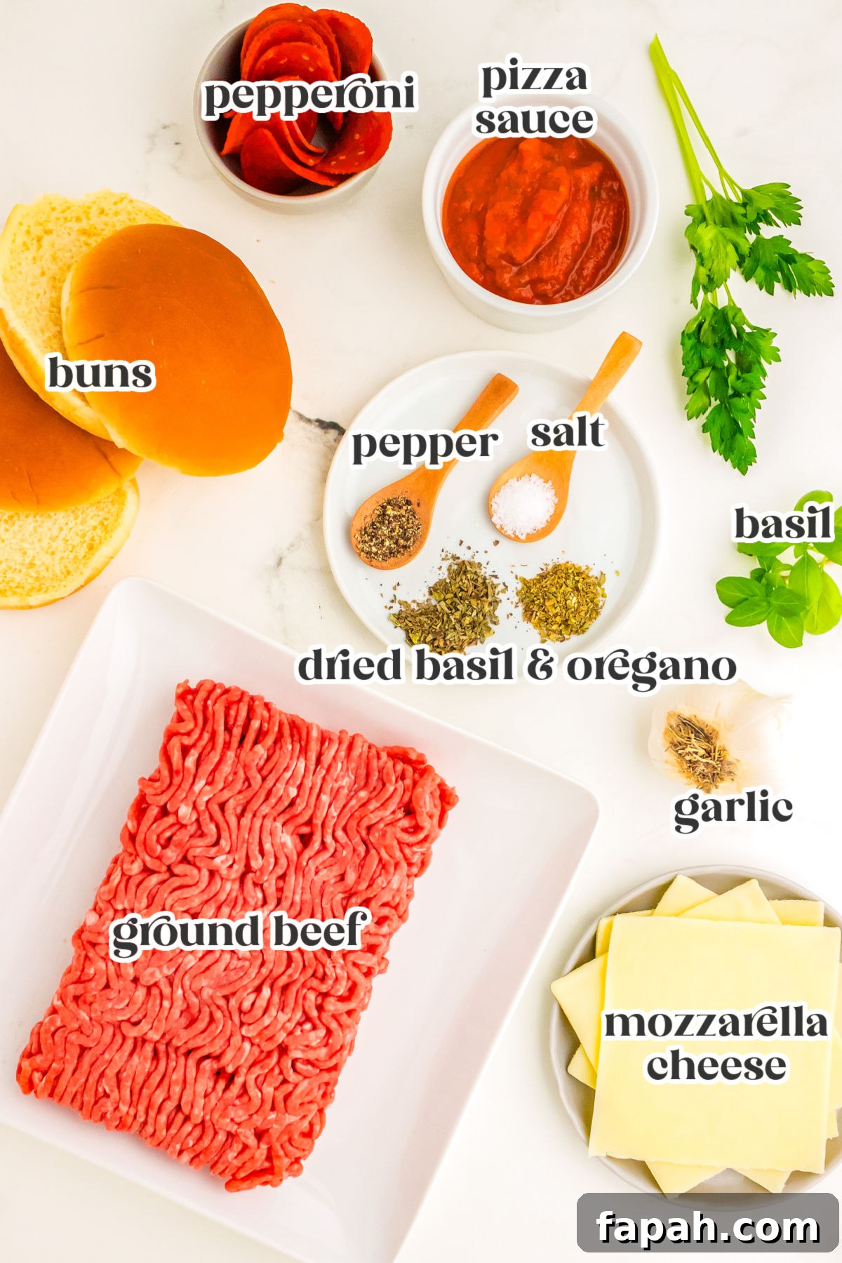 Pizza Burger Recipe: How to Make Savory Pizza-Style Burgers 4 The recipe ingredients with text overlay labeling each.
