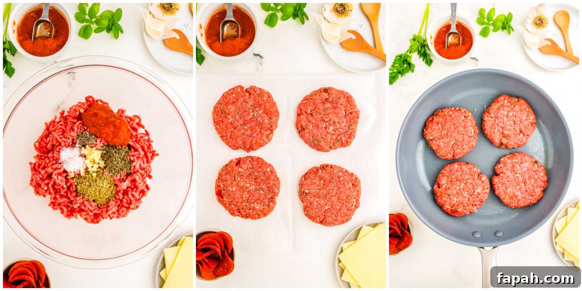 Pizza Burger Recipe: How to Make Savory Pizza-Style Burgers 5 The ground beef mixture mixed together and then divided into four patties.