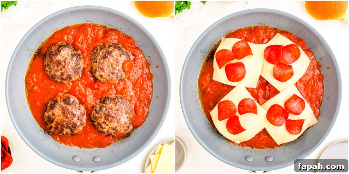 Pizza Burger Recipe: How to Make Savory Pizza-Style Burgers 6 The patties cooked in pizza sauce and topped with mozzarella and pepperoni.