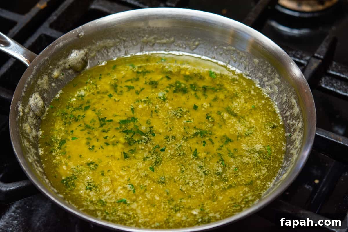 lemon garlic butter sauce ready to transfer to serving dish
