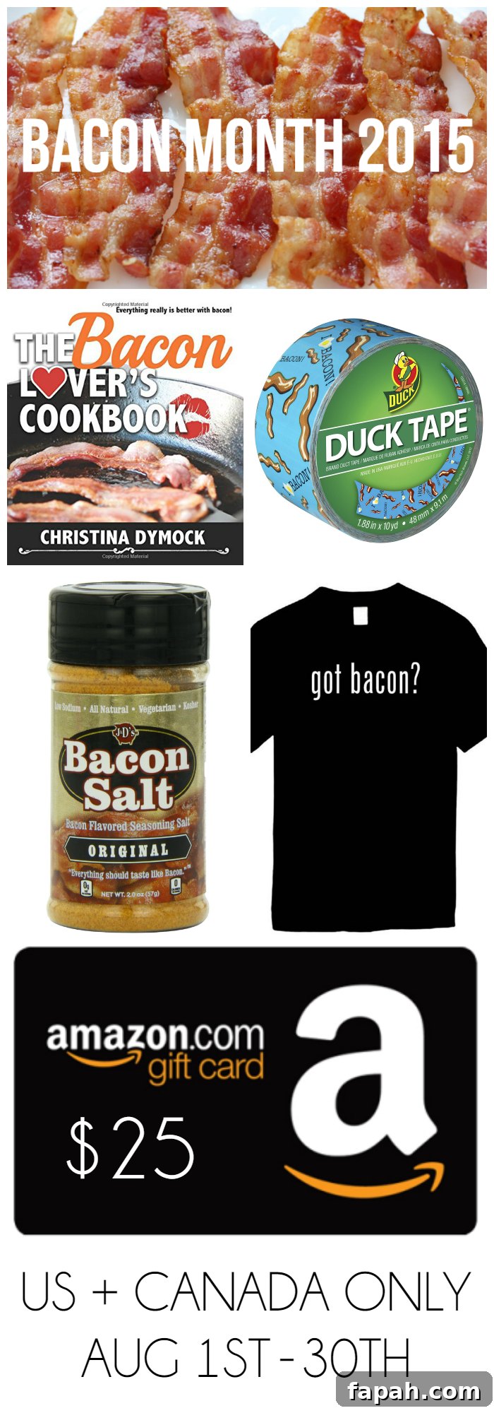 Celebrating Bacon Month 2015: Top Recipes, Events & Deals 10 Bacon Month 2015 Prize Pack from Bread Booze Bacon + Friends! Prizes included The Bacon Lover's Cookbook, bacon and eggs Duct Tape, bacon salt,