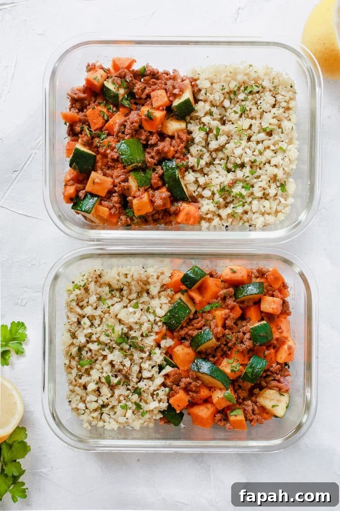60 Delicious Whole30 Recipes for Every Meal and Snack 24 ground turkey, zucchini and sweet potato in a meal prep glass bowl