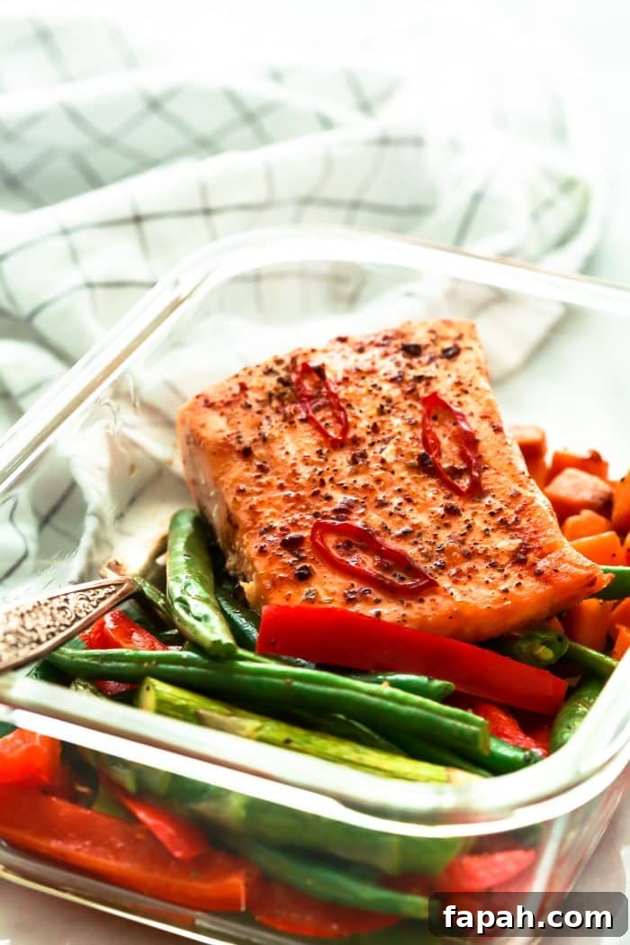 60 Delicious Whole30 Recipes for Every Meal and Snack 26 salmon, green beans and bell pepper in a meal prep glass bowl