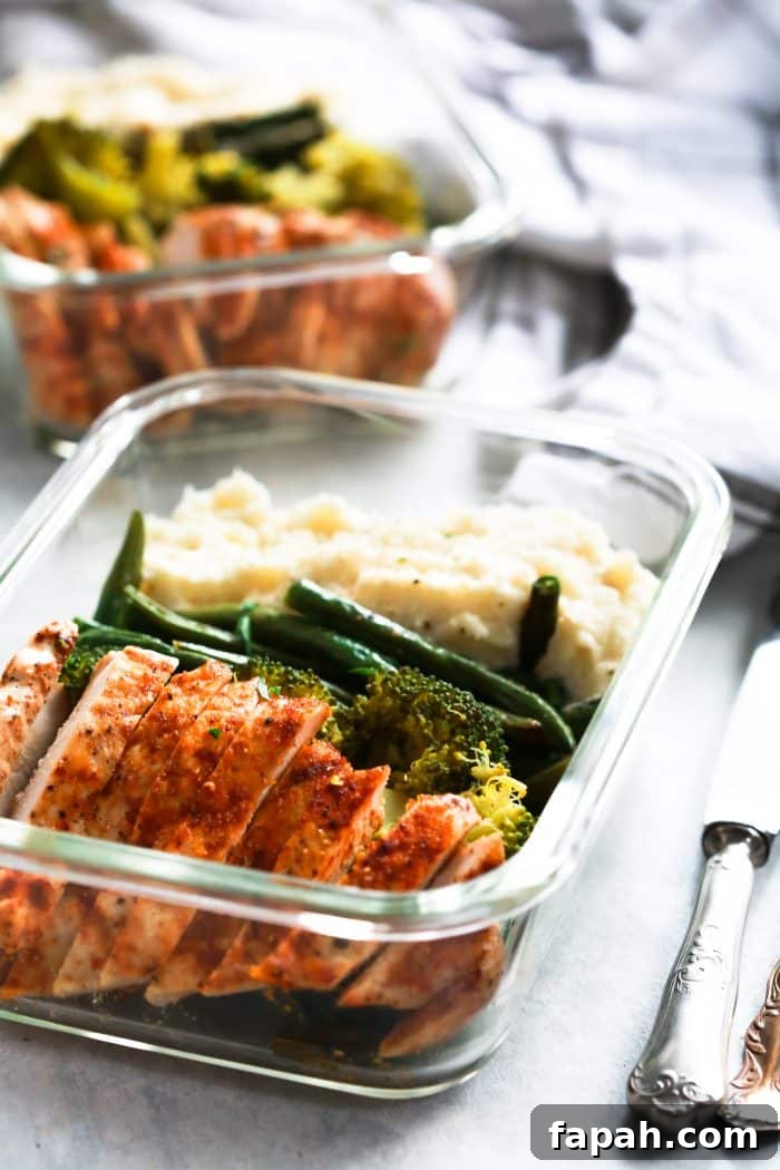 60 Delicious Whole30 Recipes for Every Meal and Snack 27 spicy chicken, green beans and mashed cauliflower in a meal prep glass bowl