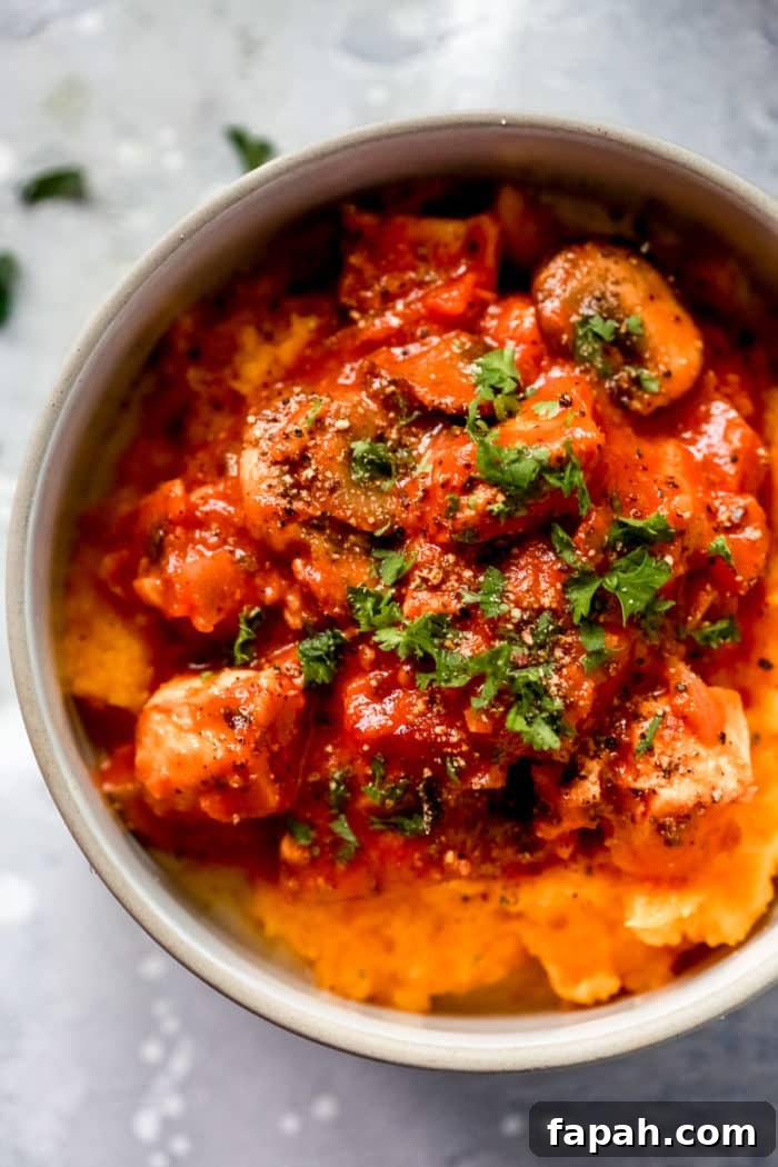 60 Delicious Whole30 Recipes for Every Meal and Snack 44 overhead view of chicken stroganoff with butternut squash mash inside of a grey bowl