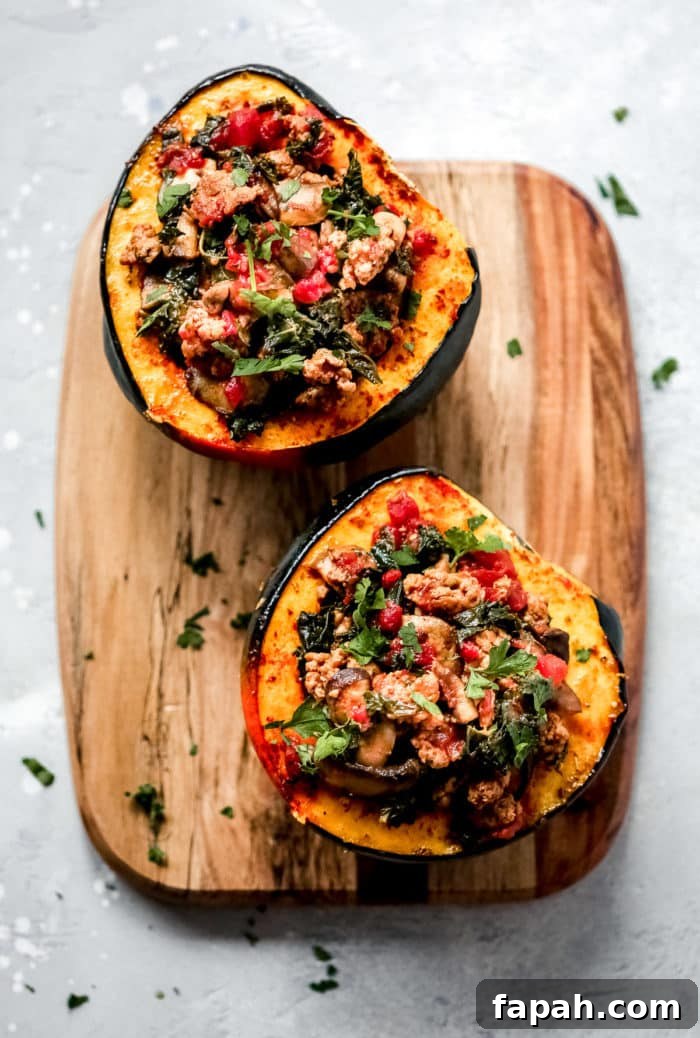 60 Delicious Whole30 Recipes for Every Meal and Snack 45 overhead view of stuffed acorn squash on a wooden board