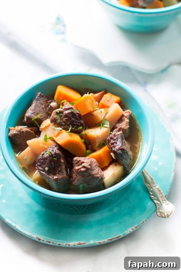 60 Delicious Whole30 Recipes for Every Meal and Snack 58 close-up of a stew recipe in a blue bowl