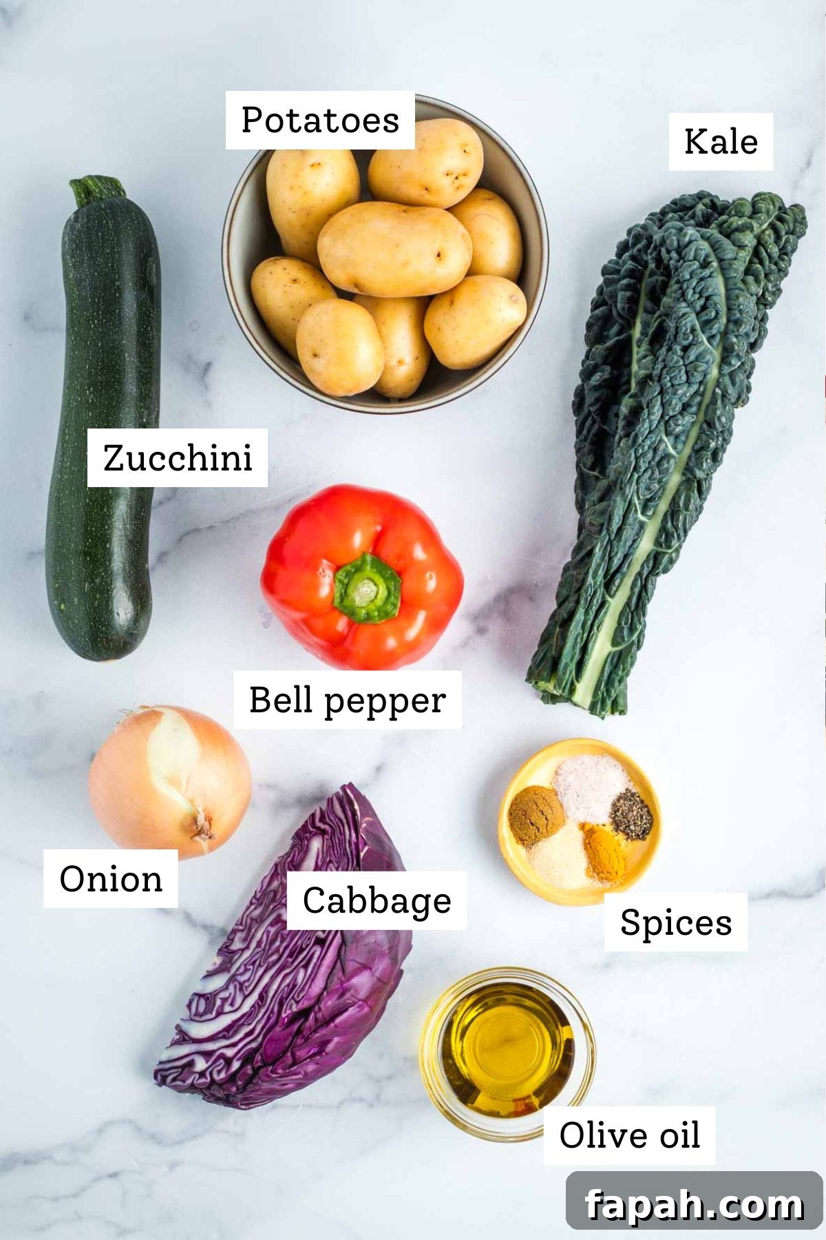 Labeled ingredients for veggie hash: zucchini, potatoes, kale, red pepper, onion, cabbage, spices, olive oil.