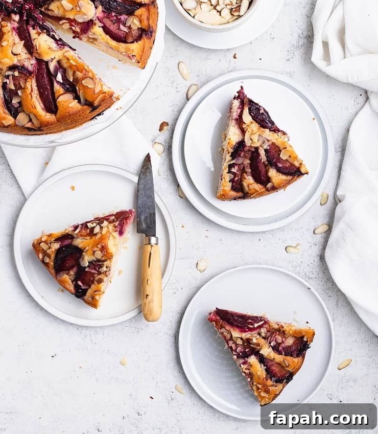 Slices of yogurt plum cake arranged on white and blue dessert plates with a small pairing knife near by.
