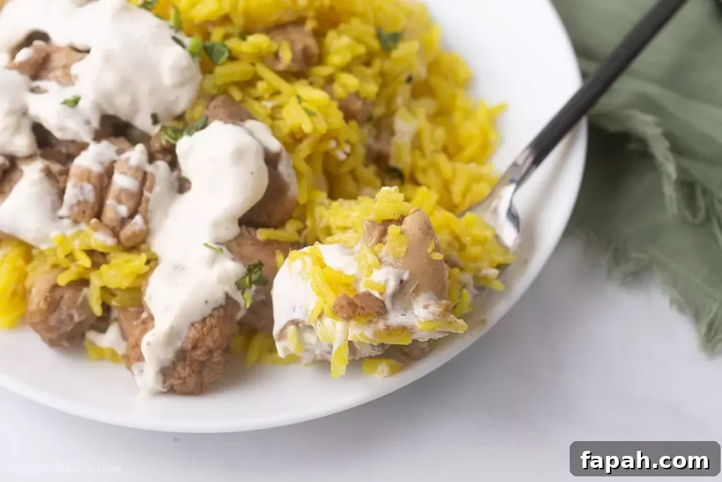 A spoon scooping some shawarma rice from a plate.