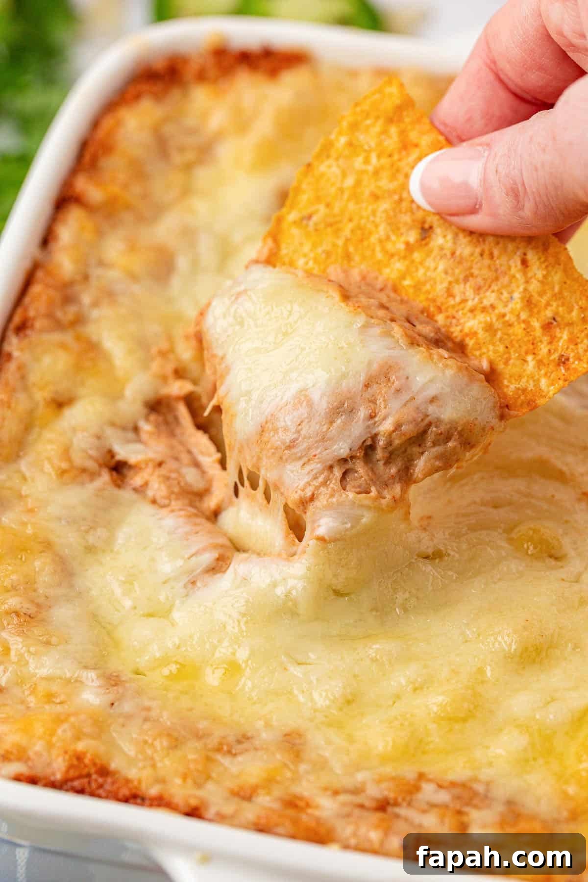 dipping a chip into cream cheese bean dip