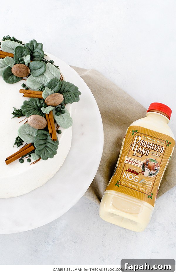 Decadent Eggnog Layer Cake with Spiced Rum Glaze 5 Eggnog Cake - a rich butter cake with hints of cinnamon and nutmeg, paired with a creamy eggnog buttercream | by Carrie Sellman for TheCakeBlog.com