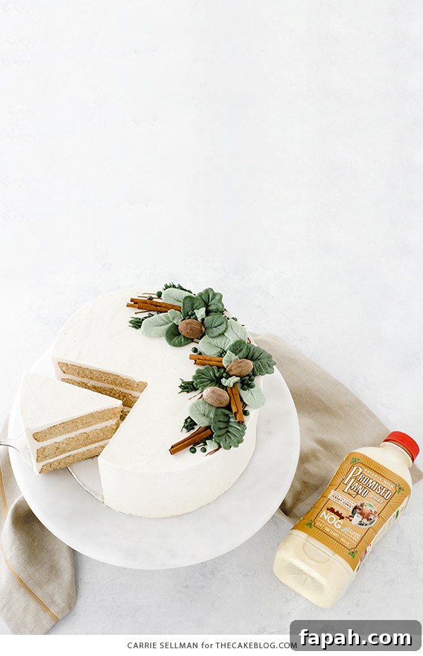Decadent Eggnog Layer Cake with Spiced Rum Glaze 7 Eggnog Cake - a rich butter cake with hints of cinnamon and nutmeg, paired with a creamy eggnog buttercream | by Carrie Sellman for TheCakeBlog.com