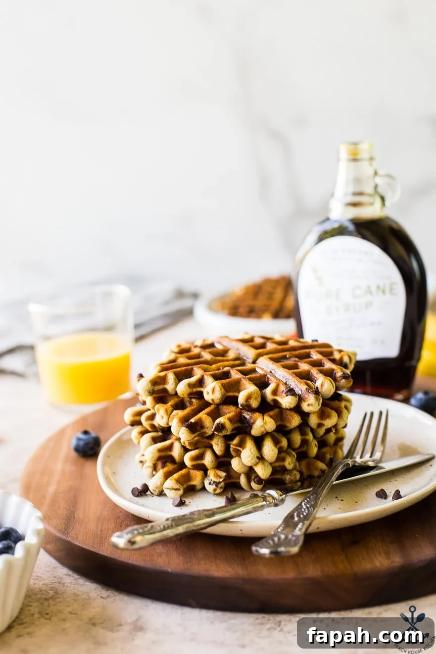 Chocolate Chip Banana Bread Waffles Recipe — Crispy Banana-Chip Waffles 10 Photo of chocolate chip banana bread waffles on a plate on a wooden serving board