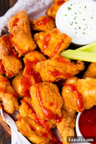 Crispy boneless chicken wings served with sauce, celery sticks. and carrots.