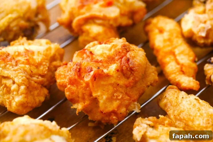 Crispy Southern-Style Fried Chicken Recipe for Perfect Crunch 9 Crunchy homemade fried chicken pieces on a wire rack.