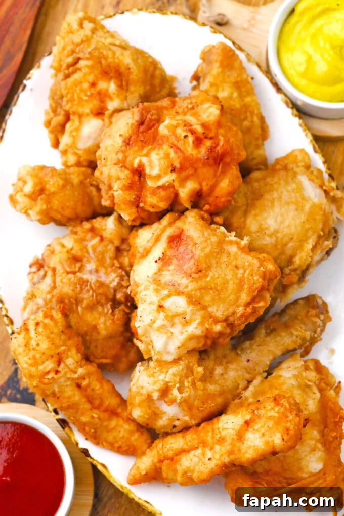 Crispy Southern-Style Fried Chicken Recipe for Perfect Crunch 10 Overhead shot of a plate with crunchy homemade fried chicken.