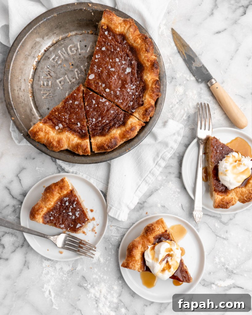 Rich and creamy French Canadian Sugar Pie plus pieces on plates ready to be eaten.