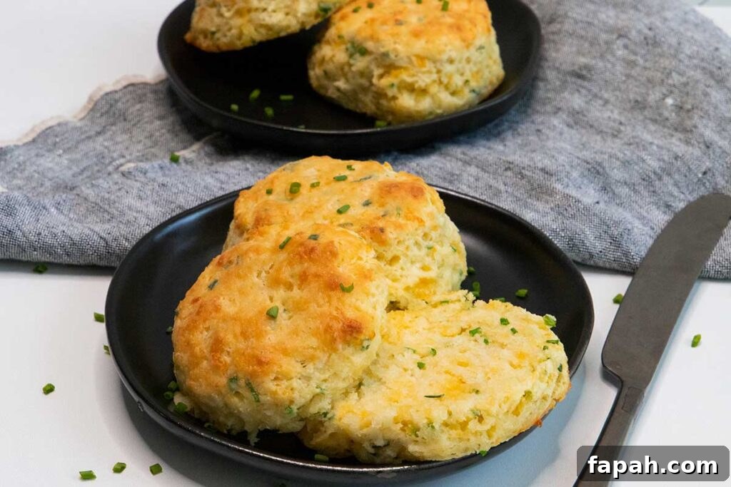 Cheddar chive biscuits on black plates.