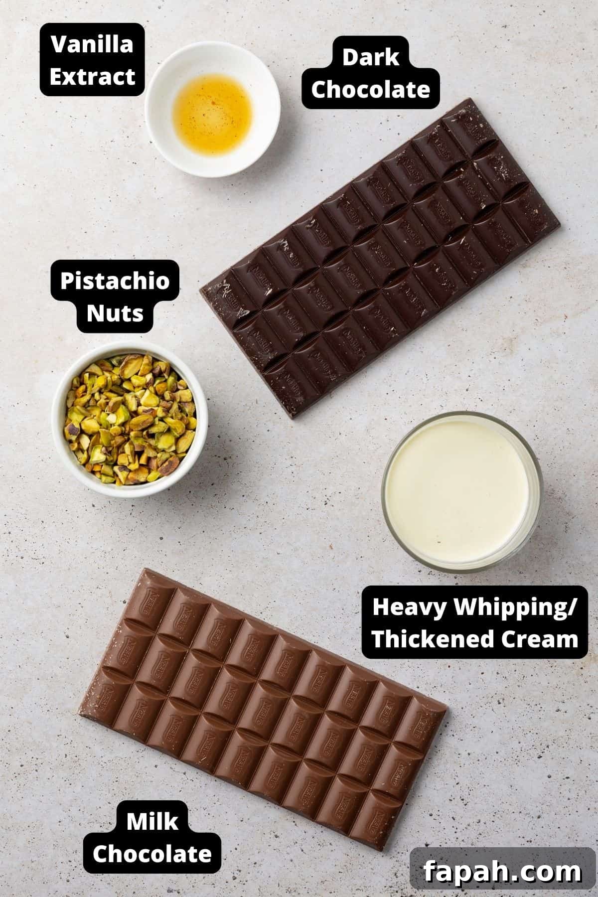 Decadent Pistachio Truffle Recipe — No-Bake Chocolate Pistachios 3 Ingredients in this recipe on a grey speckled background.