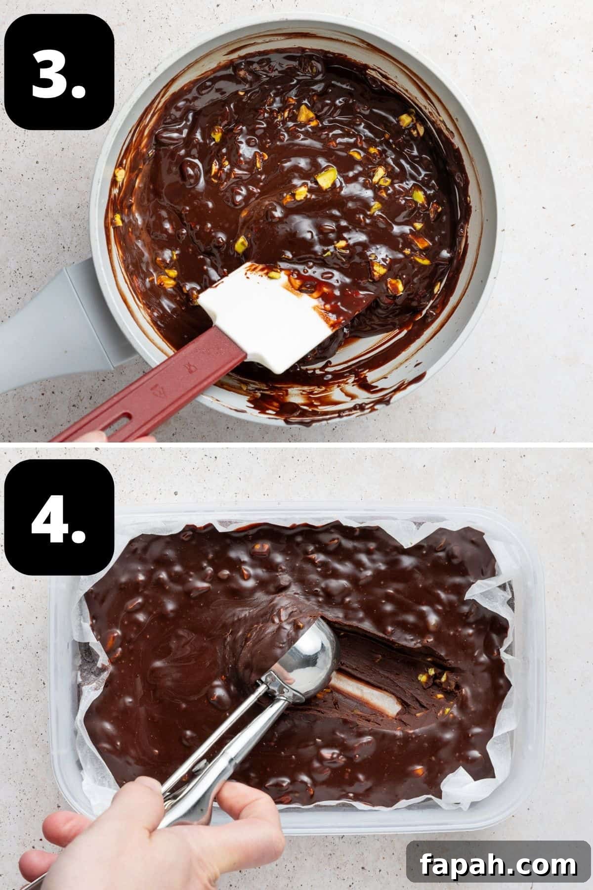 Decadent Pistachio Truffle Recipe — No-Bake Chocolate Pistachios 6 Steps 3-4 of preparing this recipe: stirring the chopped pistachios into the chocolate and the chilled mixture ready to shape.