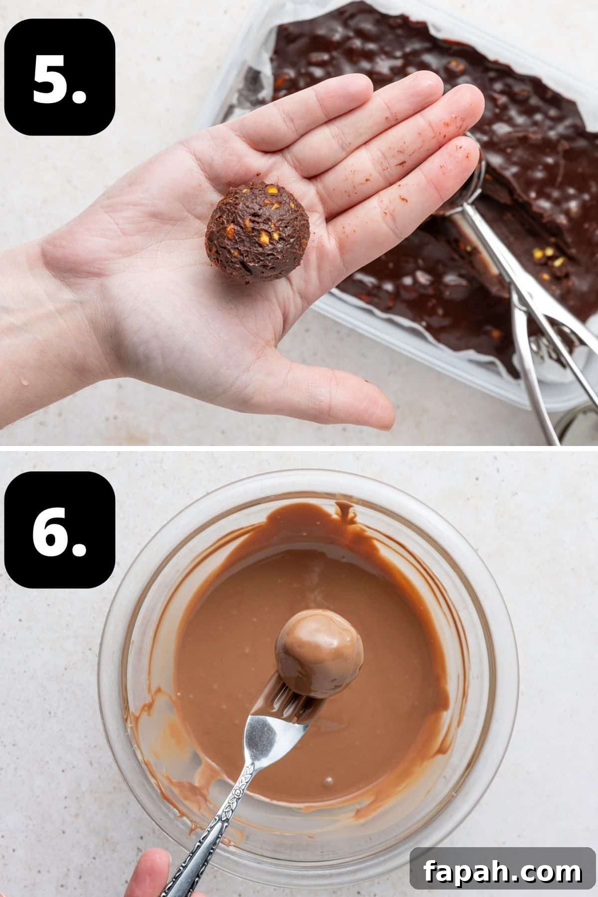 Decadent Pistachio Truffle Recipe — No-Bake Chocolate Pistachios 7 Steps 5-6 of preparing this recipe: the rolled ball of chocolate and dipping the truffle into melted chocolate.