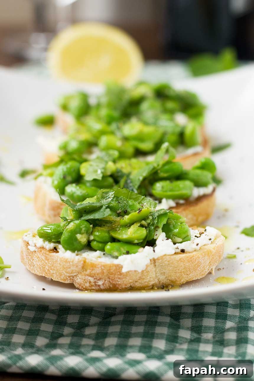 A close up of a fava bean, mint and ricotta crostini on a white rectangular plate - there are more in the background