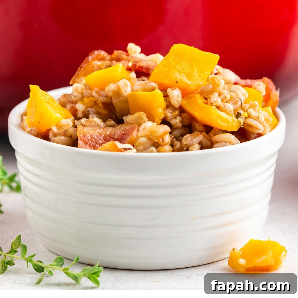 A bowl of farro with butternut squash