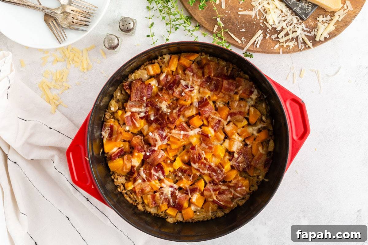 A baked casserole in a Dutch oven