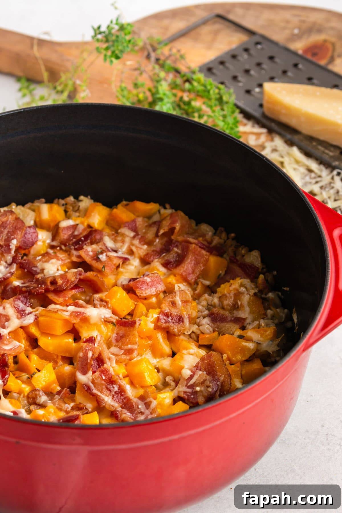 A casserole with bacon on top of it