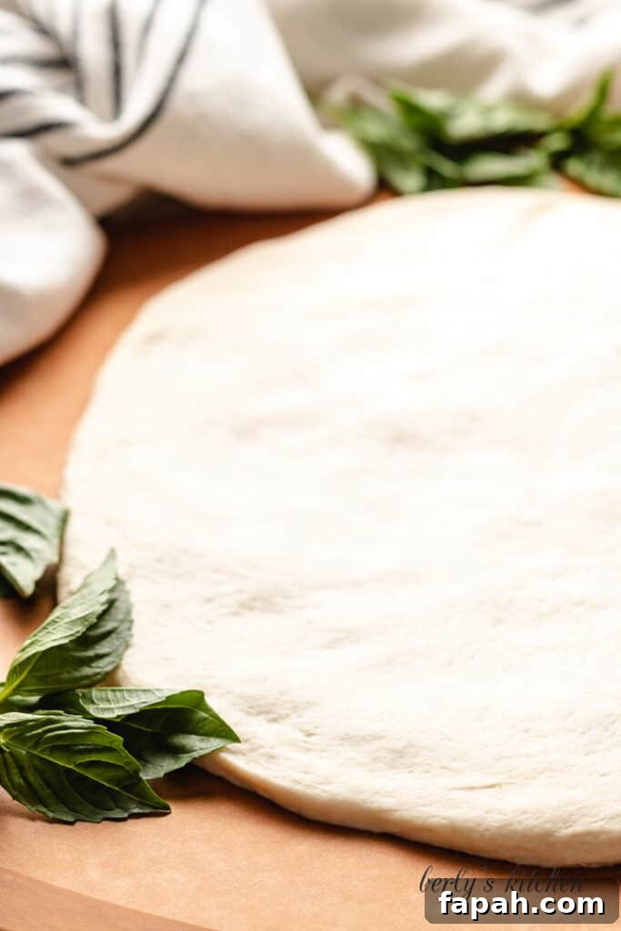 Raw pizza dough on a counter-top.