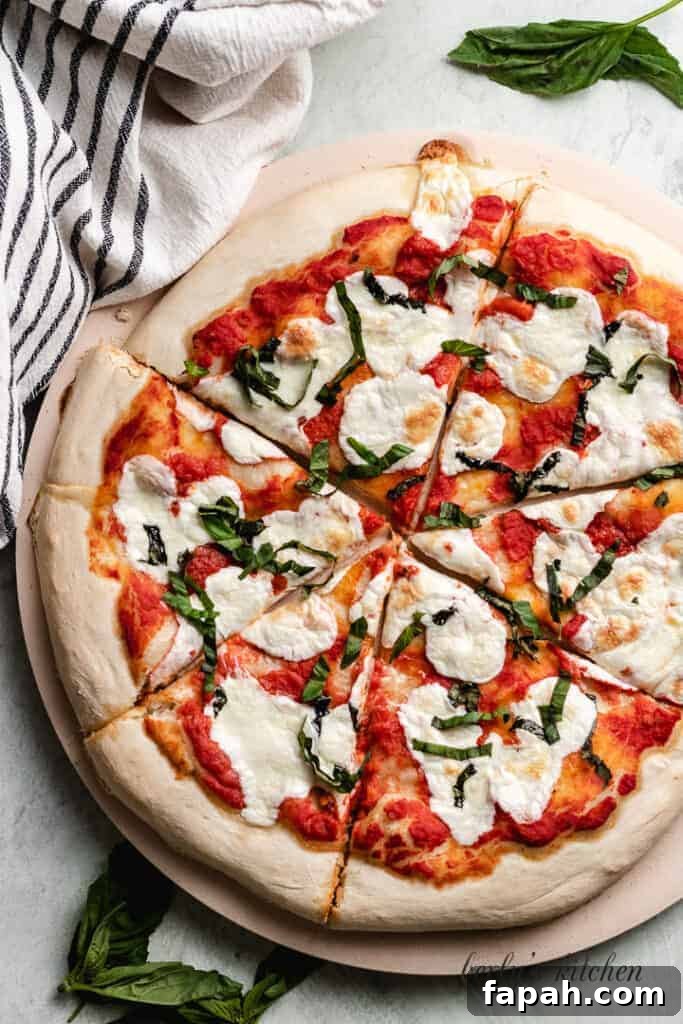 A top-down view of the finished easy Margherita pizza.