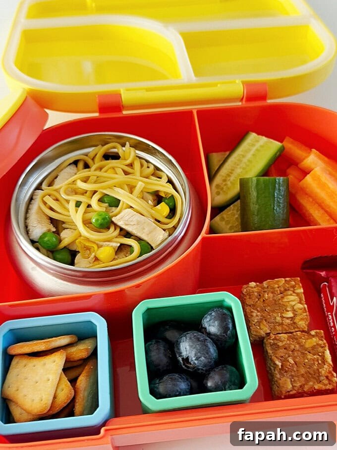 Chicken noodles served in a small kids thermos pot with lid, in a brightly colored multi section lunch box, along with lots of other snacks.