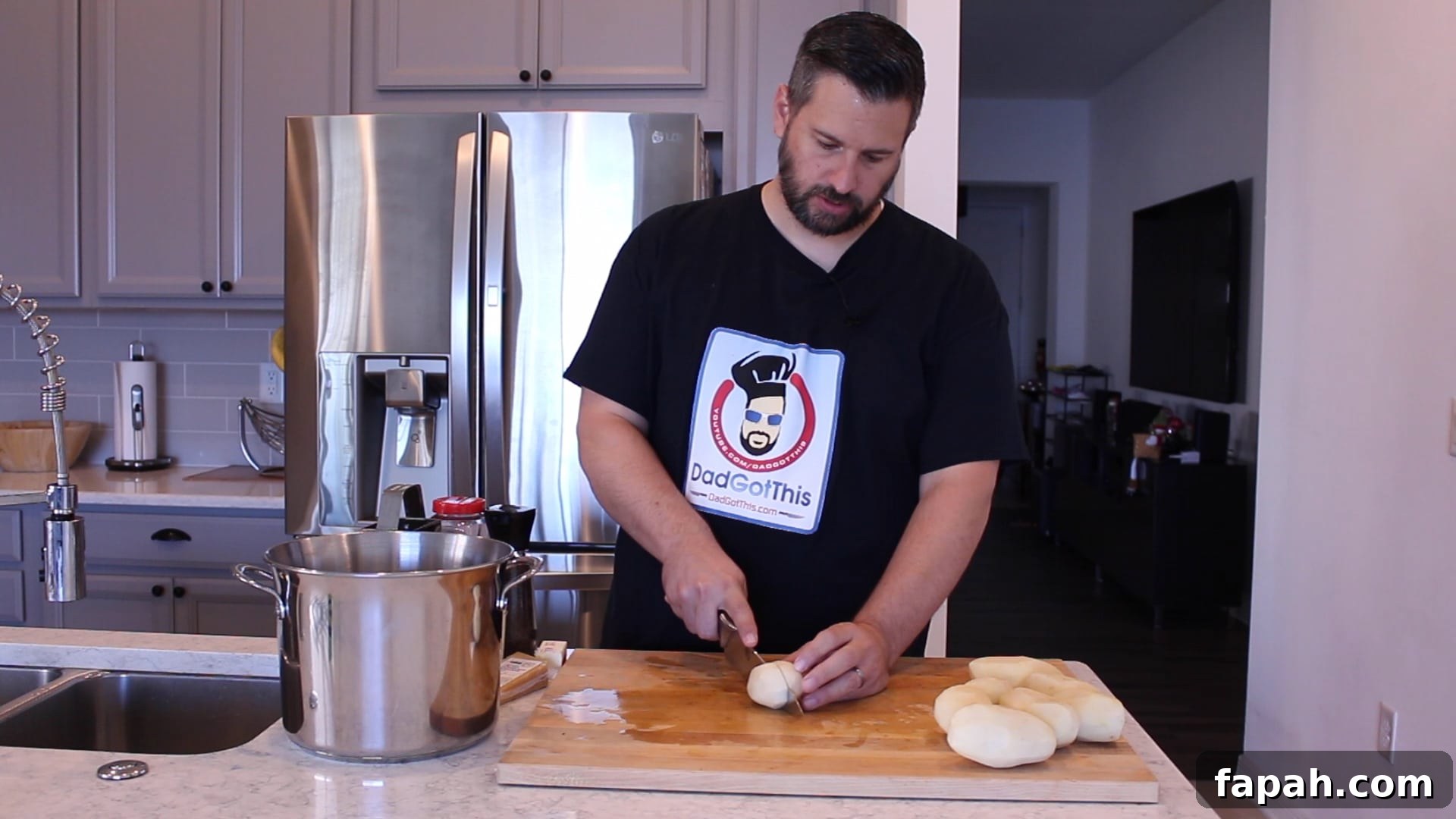 cutting potatoes in a kitchen