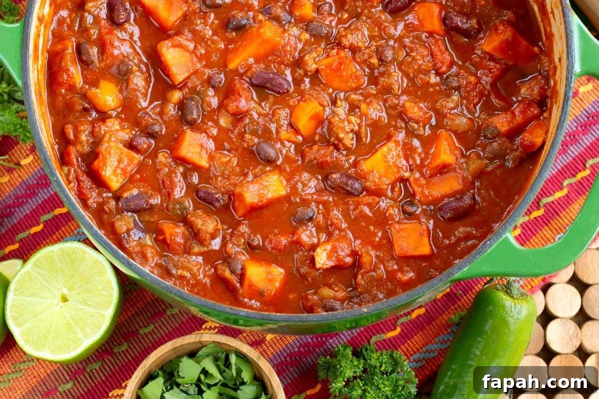 Sausage Sweet Potato Chili in green pot