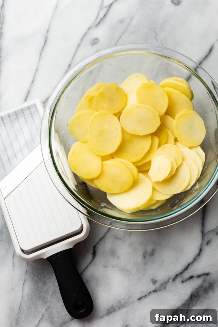 Cajun Scalloped Potatoes Recipe with Spicy Cheesy Gratin 3 mandoline slicer and sliced potatoes in a glass bowl