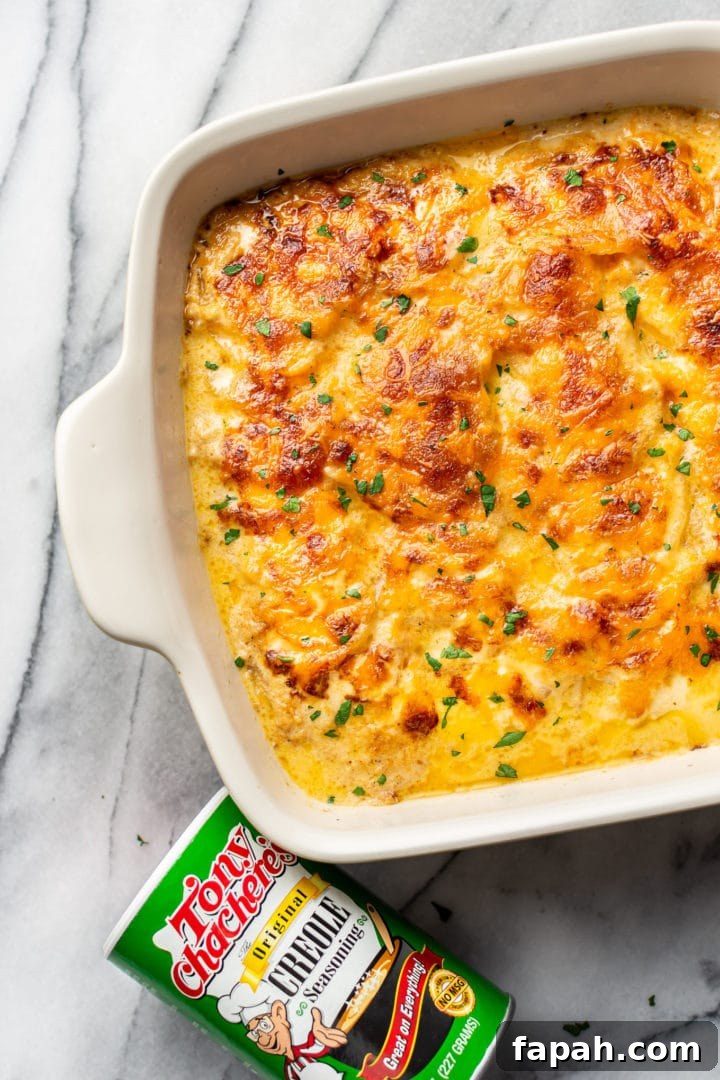 Cajun Scalloped Potatoes Recipe with Spicy Cheesy Gratin 6 Cajun scalloped potatoes in a baking dish with a container of Tony Chachere's Creole Seasoning