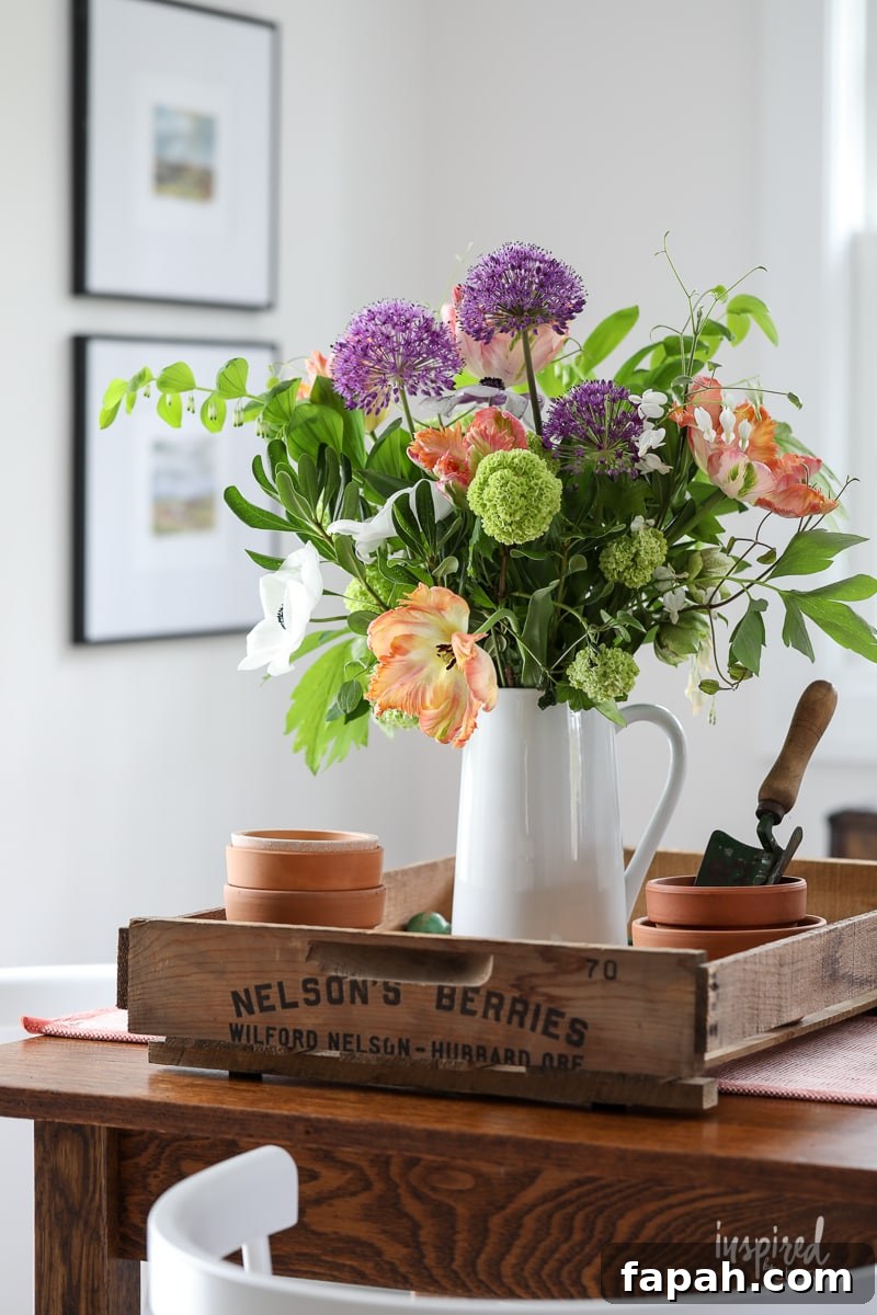 Complete Guide to Flower Arranging: Techniques, Tips & Styles 2 Spring Flower Arrangement in a white pitcher vase.