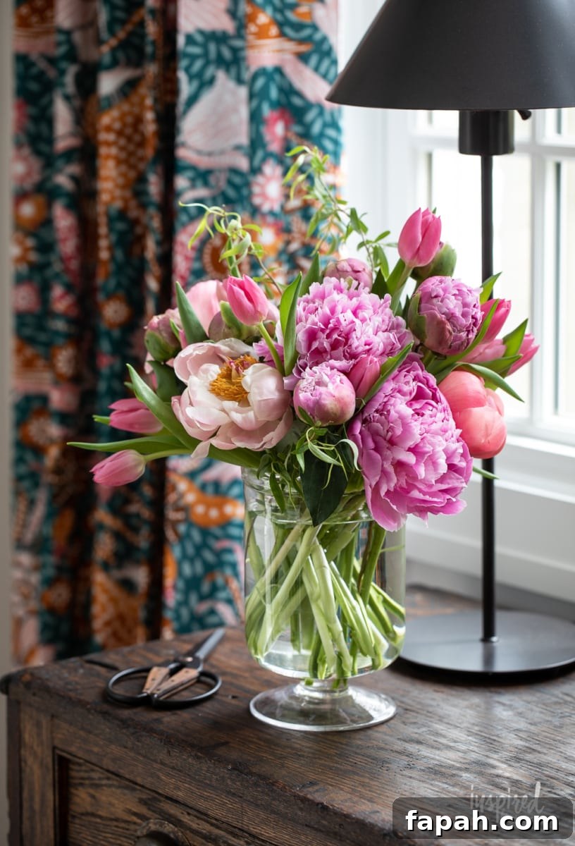 Complete Guide to Flower Arranging: Techniques, Tips & Styles 13 peony arrangement in glass vase.