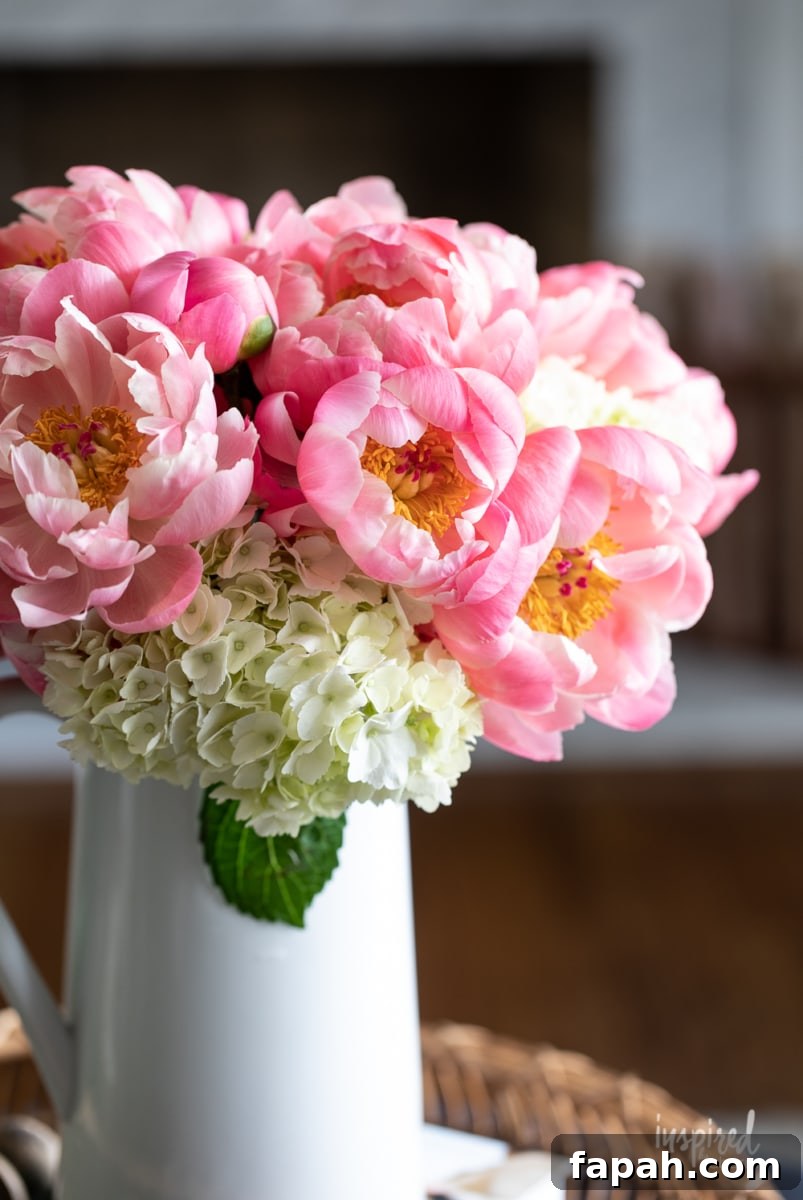 Complete Guide to Flower Arranging: Techniques, Tips & Styles 14 arrangement of peonies in a white pitcher.