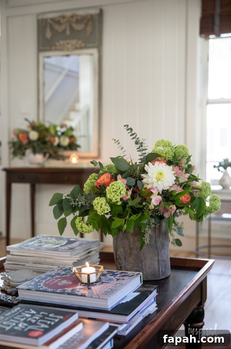 Complete Guide to Flower Arranging: Techniques, Tips & Styles 15 lush flower arrangement on a coffee table with books.