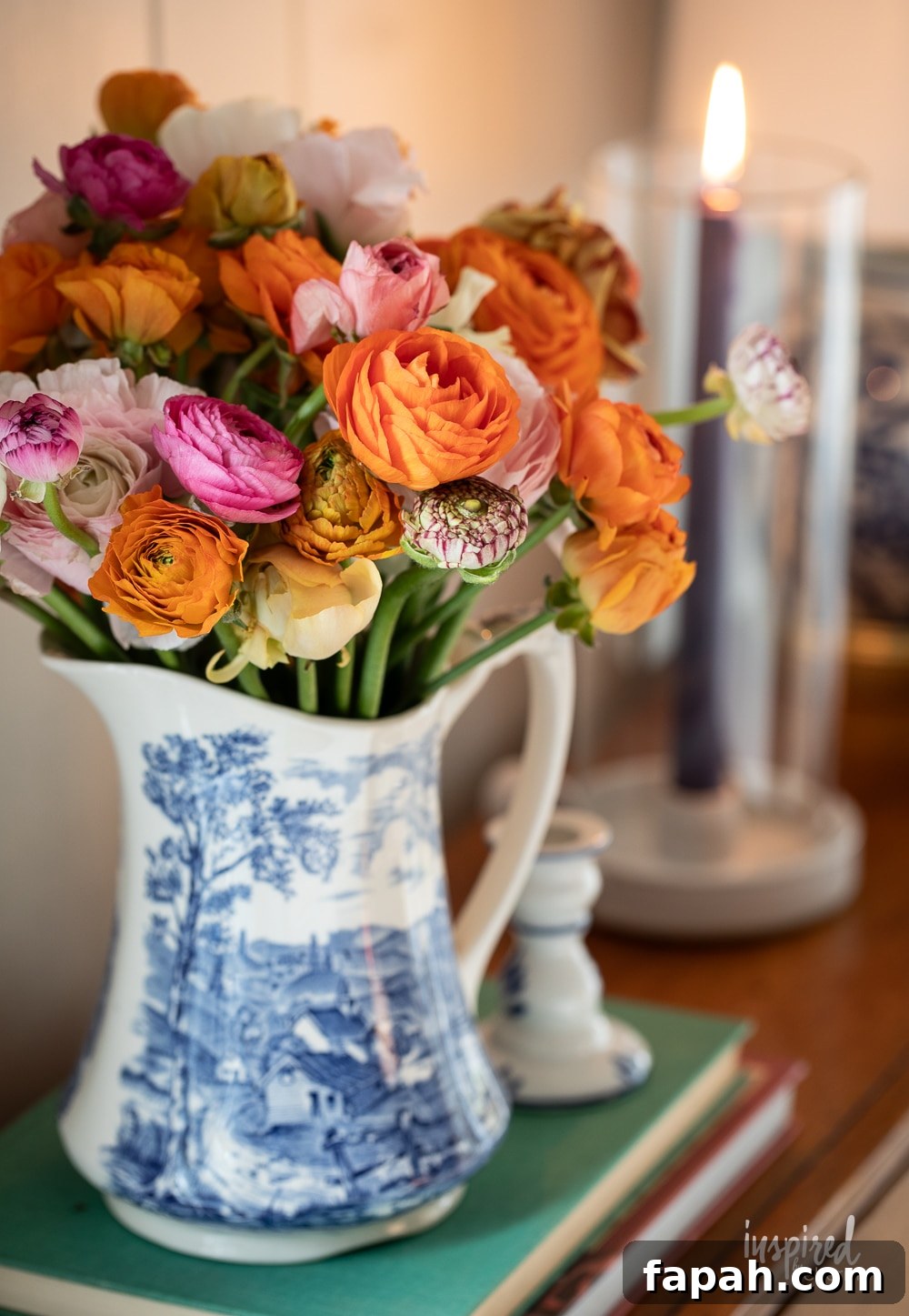 Complete Guide to Flower Arranging: Techniques, Tips & Styles 16 blue transferware picture filled with colorful ranunculus flowers.