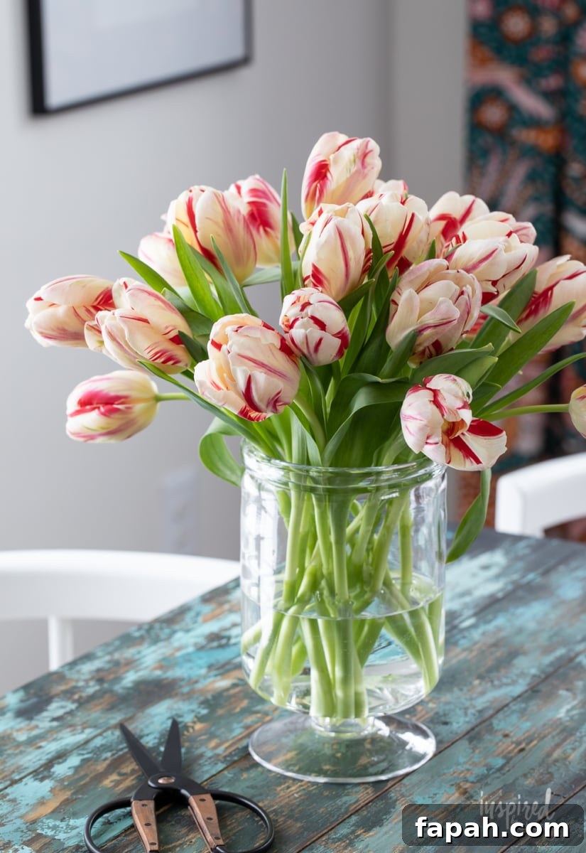 Complete Guide to Flower Arranging: Techniques, Tips & Styles 10 vase of red striped parrot tulips in clear glass vase.