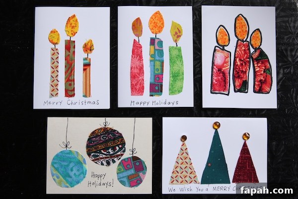 scrap fabric Christmas cards - candles, round ornaments and triangle Christmas trees