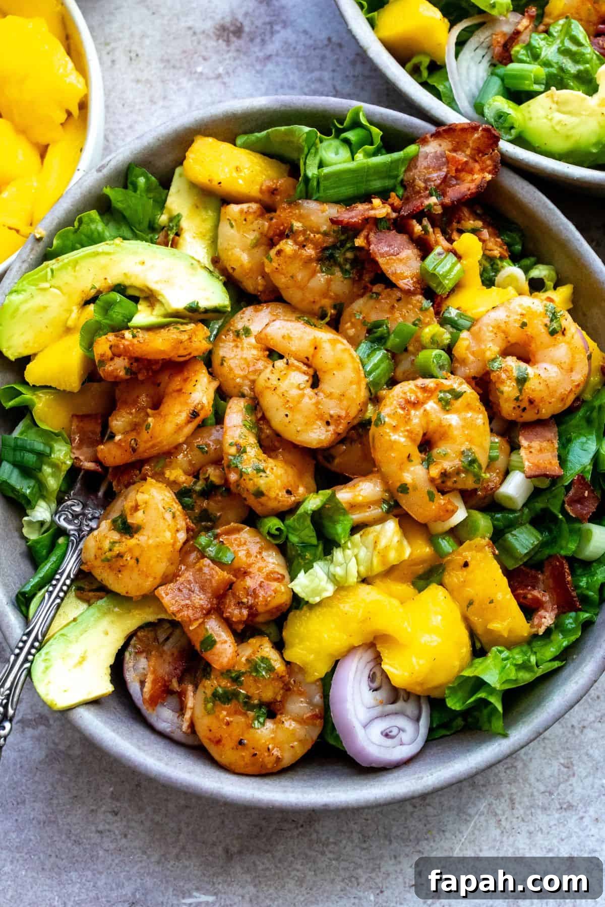 Grey bowl with mango, shrimp and salad in it. Cilantro to the side. 
