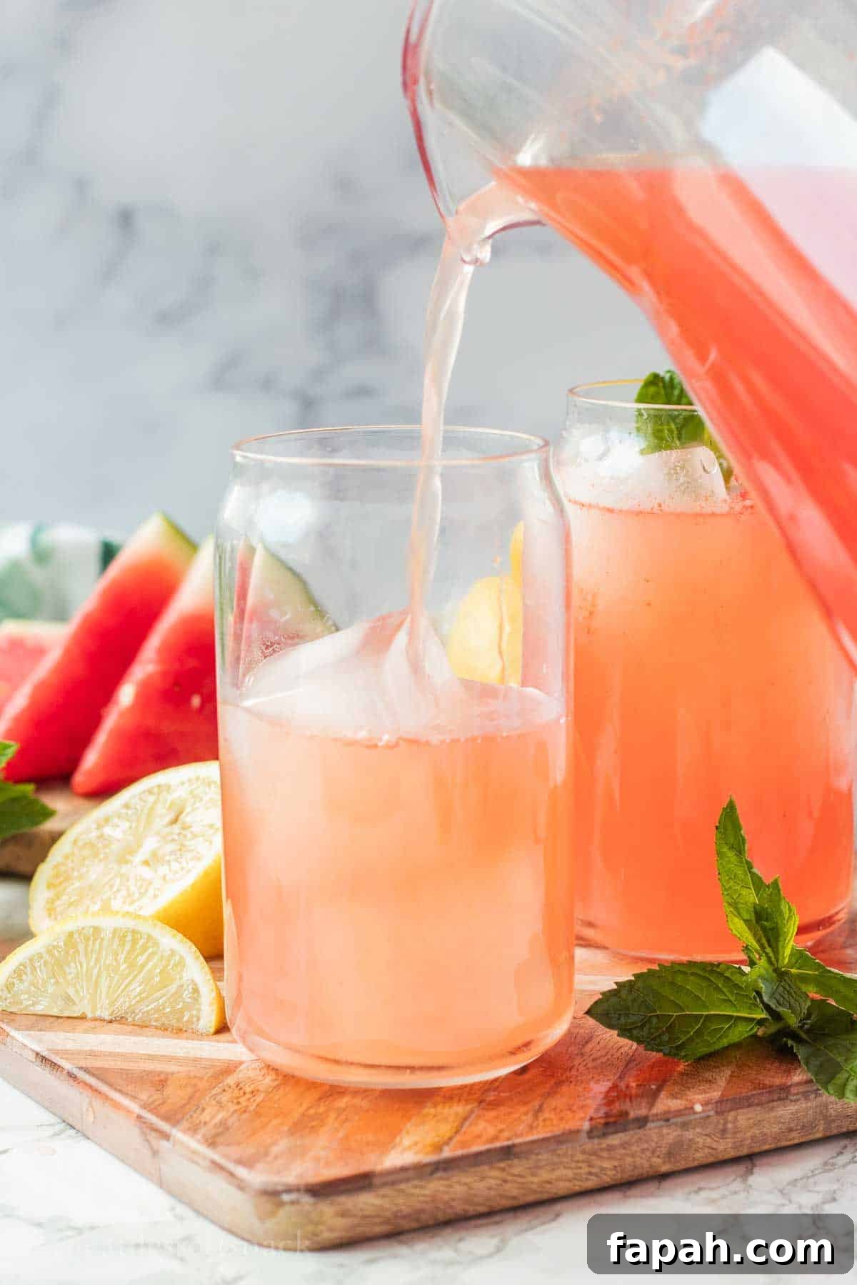 Pouring watermelon lemonade into a clear glass on a cutting board.