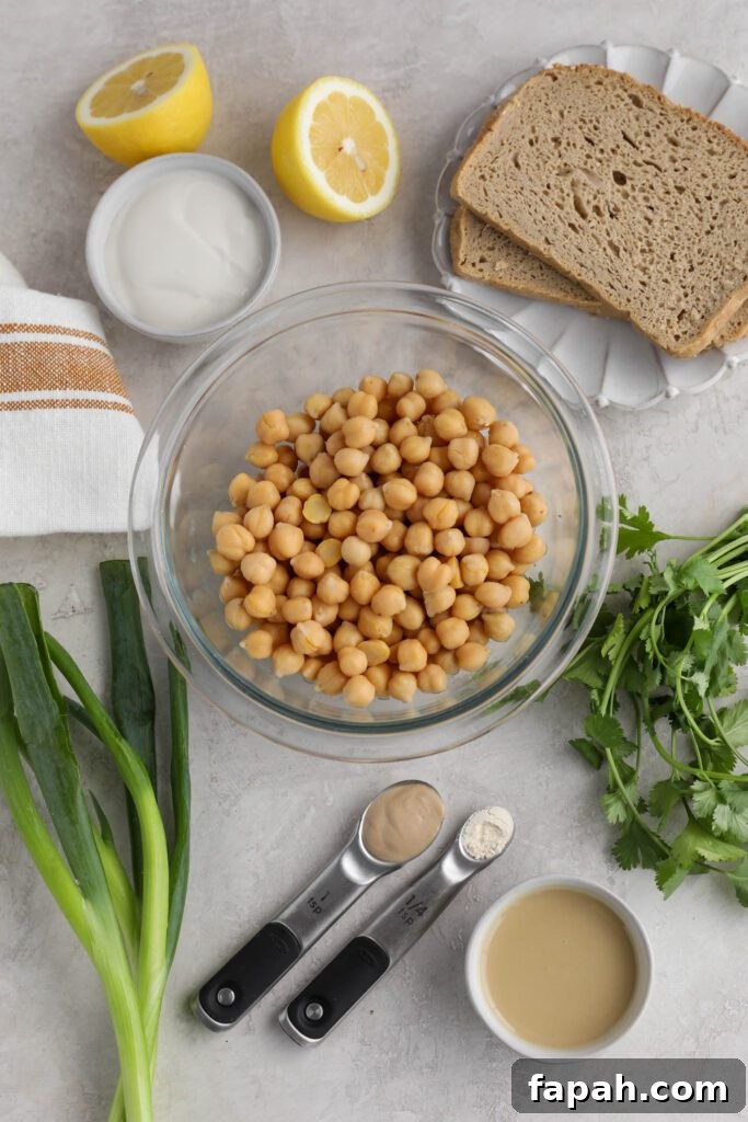 Vegan Chickpea Salad Sandwich ingredients on board 