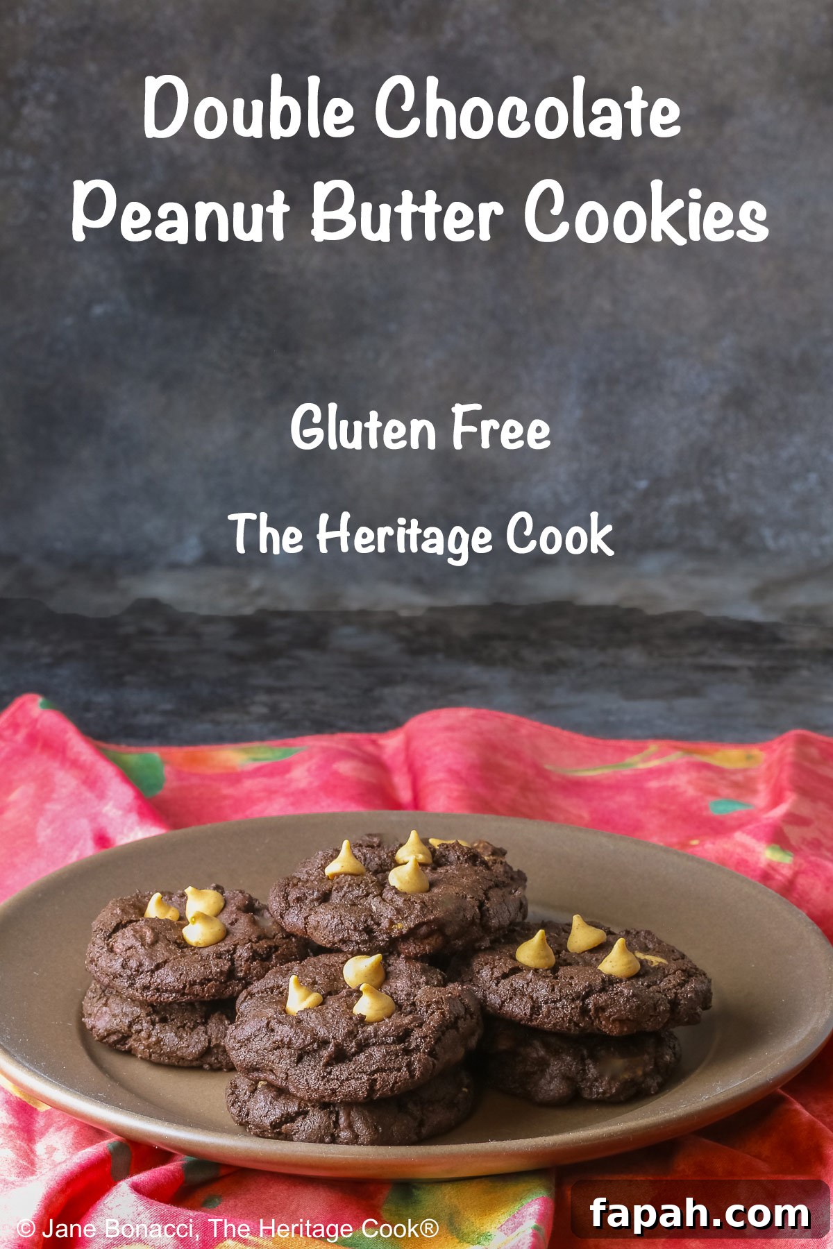 Gluten-Free Double Chocolate Peanut Butter Cookies Recipe 11 Four stacks of black Double Chocolate Peanut Butter Cookies with light peanut butter chips on top on a deep brown ceramic plate sitting on a bright pink cloth © 2025 Jane Bonacci, The Heritage Cook.