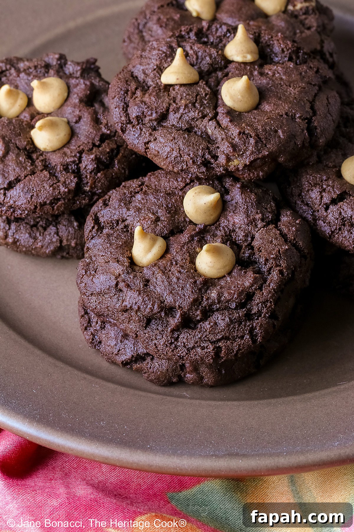 Gluten-Free Double Chocolate Peanut Butter Cookies Recipe 3 Four stacks of black Double Chocolate Peanut Butter Cookies with light peanut butter chips on top on a deep brown ceramic plate sitting on a bright pink cloth © 2025 Jane Bonacci, The Heritage Cook.
