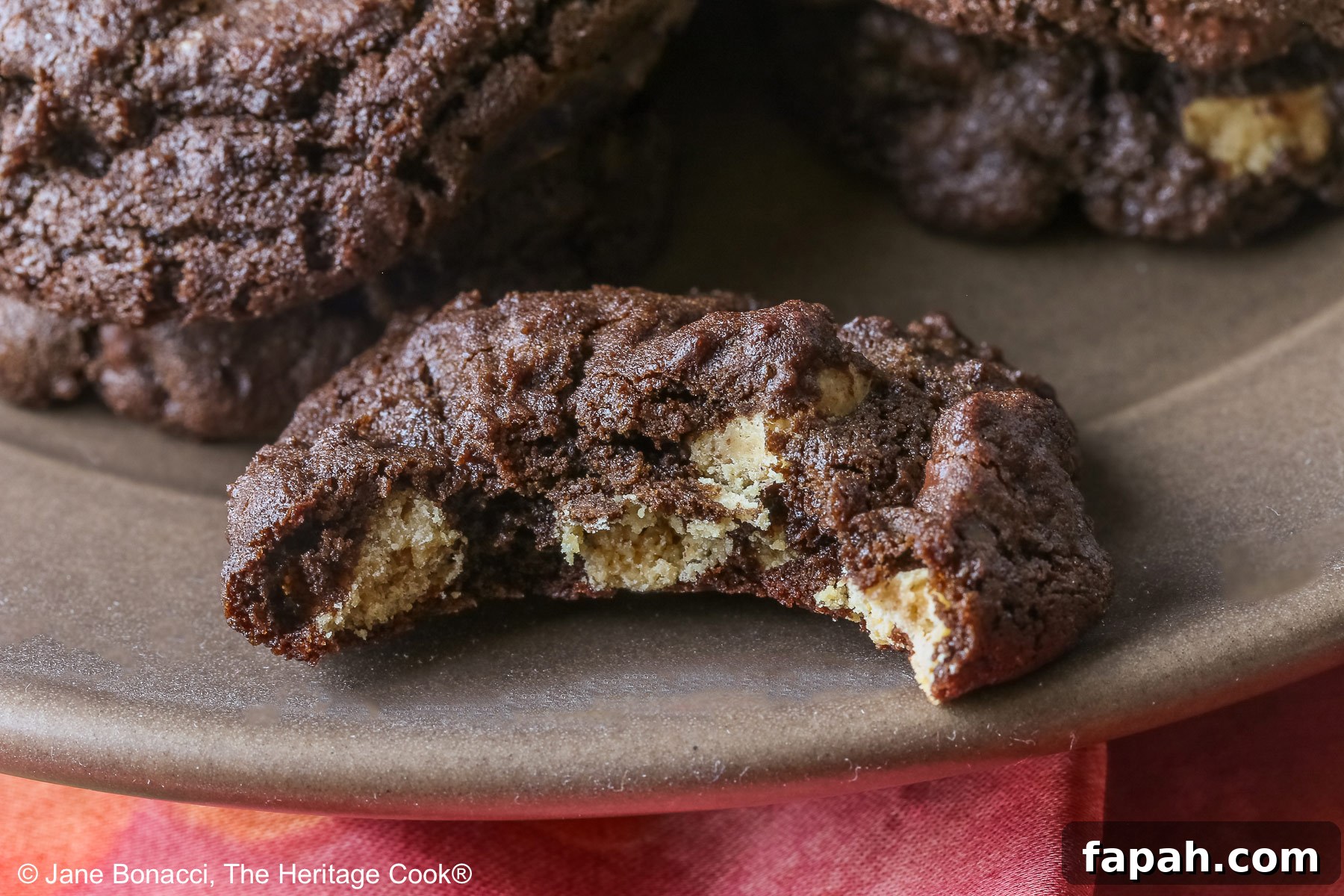 Gluten-Free Double Chocolate Peanut Butter Cookies Recipe 4 A cookie with a bite taken out of it sitting on the edge of the plate.
